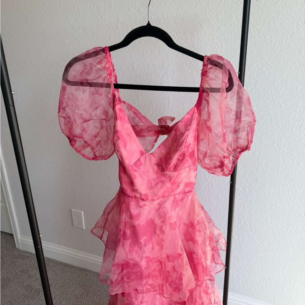 Pink Ruffled Dress with Puff Sleeves